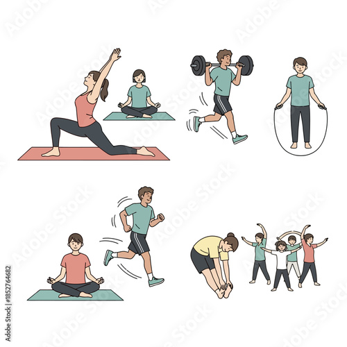 Collection of diverse people engaging in various physical exercise routines and outdoor activities