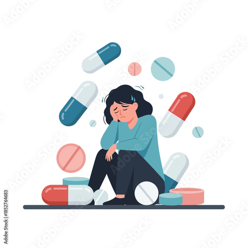 Young woman experiencing medication overload surrounded by various pills and tablets illustrating