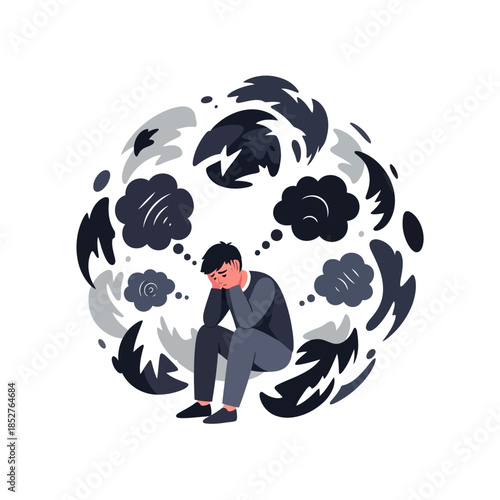 Depiction of a distressed man surrounded by swirling storm clouds symbolizing emotional turmoil