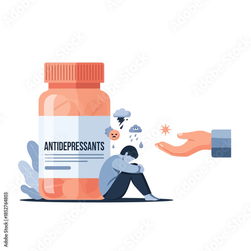 Illustration of a person overwhelmed by depression with a large medication bottle and a helping