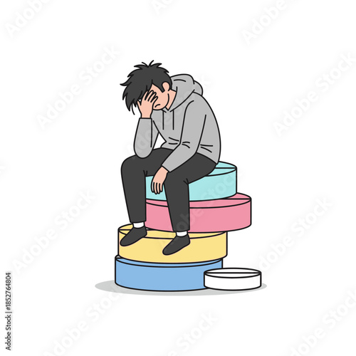 Young man experiencing emotional distress while sitting on colorful graduated cylinders depicting