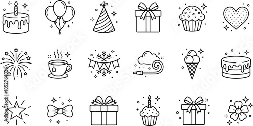 Celebration line icons set featuring gifts, cakes, balloons, party elements, festive decorations, cupcakes, stars, fireworks, holiday treats, minimal outlines