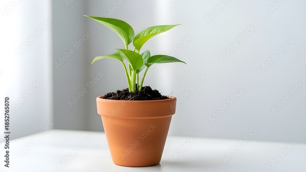 Fototapeta premium Young green epipremnum aureum or pothos plant in a small clay pot on a bright background