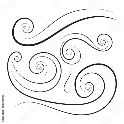 Vector illustration of decorative swirling lines and curls, ideal for use in artistic, floral, or ornamental designs. Perfect for creative projects needing elegant, flowing elements.