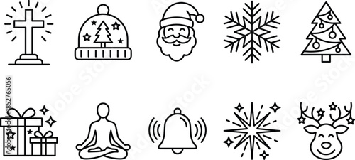 Christmas holiday line icons featuring Santa, gifts, tree, snowflake, starburst, reindeer, bell, cross, winter hat, meditation symbols in outline style