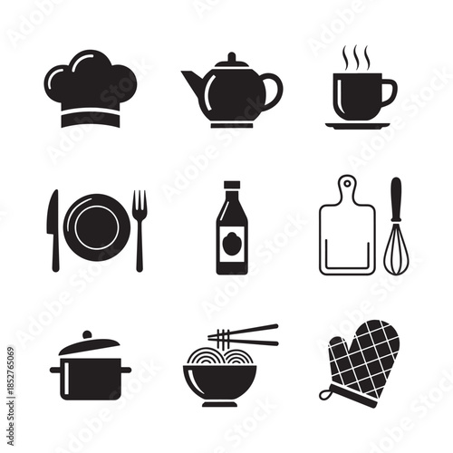 Vector illustration of various kitchen and cooking icons, including a chef's hat, teapot, cup, utensils, sauce bottle, cutting board, whisk, pot, noodles, and oven mitt, symbolizing cooking, meal prep