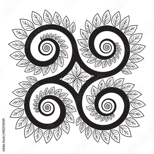 Vector illustration of an intricate floral design with swirling patterns and leaves, symbolizing nature, harmony, and growth. This hand-drawn artwork is ideal for creative projects, nature themes,