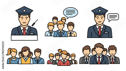 Collection of diverse groups of people in business and public service roles, illustrated in a simple, flat design style