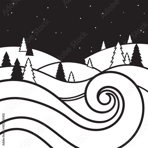 Black and white winter landscape illustration featuring rolling snowy hills, pine trees, and a starry night sky. Minimal line art style with smooth flowing curves and abstract spiral elements creates 