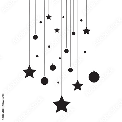Minimal hanging stars and decorative balls illustration in black and white style. Elegant vertical line ornament featuring stars and dots suspended from strings, perfect for festive decorations,