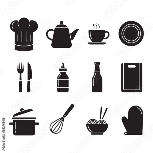 Minimal kitchen and cooking icon set in black silhouette style. Collection includes chef hat, teapot, cup, plate, cutlery, sauce bottles, cutting board, cooking pot, whisk, noodle bowl, and oven mitt.