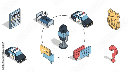 Central microphone amidst isometric icons, symbolizing media reporting, public discussion, and investigation into law enforcement and crime news