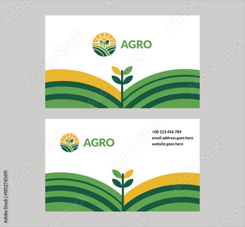 Agriculture themed business card template with green leaf and field design.