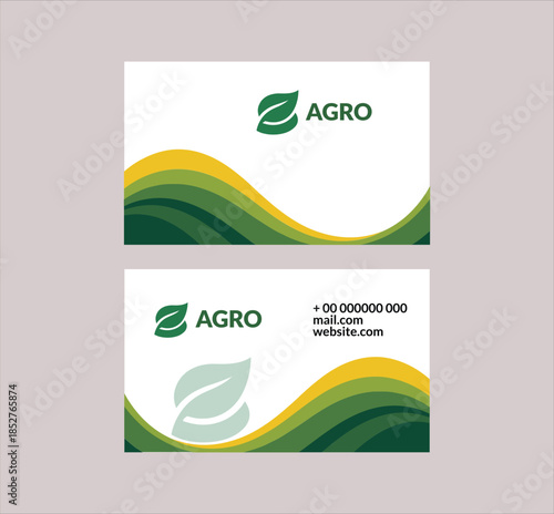Agro business card template with green and yellow landscape curves for farming brands.