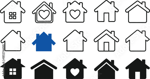 A versatile collection of house icons in various styles and designs, embodying the concept of home, shelter, and property. Perfect for real estate, architecture, and housing projects