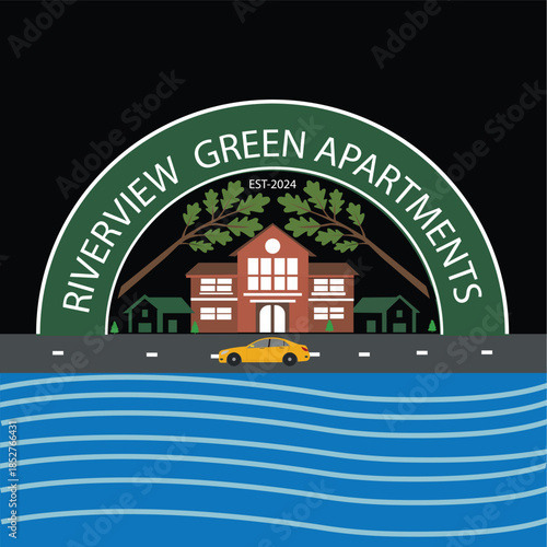 Circular Real Estate Logo with Apartment Building, River, and Yellow Car Vector Illustration.
