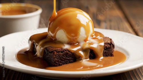 Square Chocolate Brownie with Vanilla Ice Cream and Caramel Sauce – Delicious Dessert Close-Up