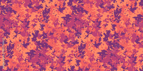 Abstract digital camouflage pattern in vibrant coral and purple hues.  Perfect for fashion, textile design, or digital backgrounds.