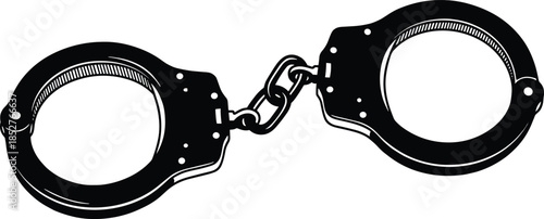 Handcuff illustration in black and white, security restraint symbol, law enforcement equipment graphic, criminal justice concept, police tool detailed artwork, isolated design