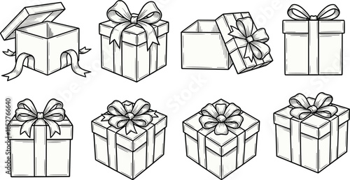 Hand drawn gift boxes collection with detailed ribbons, bows, open and closed presents, sketch style illustration for celebration, holiday, festive design