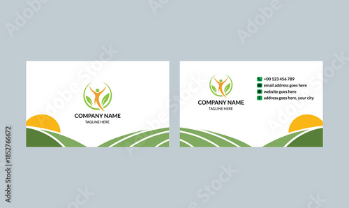 Green field agriculture business card template with eco friendly corporate branding style.