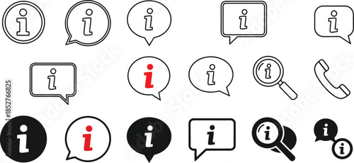Collection of Information and Communication Icons Magnifying Glass, Speech Bubble, Phone, and Info Symbol