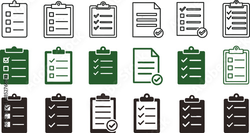Extensive Collection of Modern Checklist and To-Do List Vector Icons, Representing Task Completion, Project Management, and Survey Responses for Digital Interfaces and Business Applications