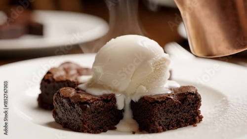 Chocolate Brownies with Vanilla Ice Cream and Drizzled Chocolate Sauce on White Plate – Tempting Dessert