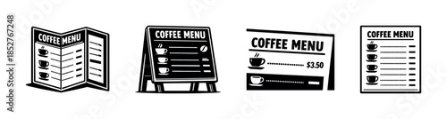 Coffee menu designs, flat vector illustration with cafe signs and price lists