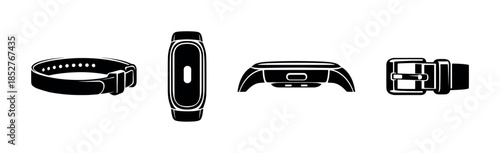 Smart fitness band icons, wearable tech, accessories in flat vector illustration