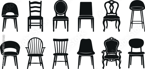 Minimal chair silhouettes icon set featuring modern classic seating furniture collection isolated on white background vector illustration for interior design