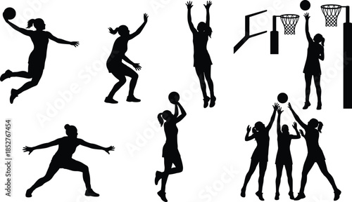 Netball players silhouette set action poses jumping shooting defending movement sport competition game isolated white background, teamwork active lifestyle
