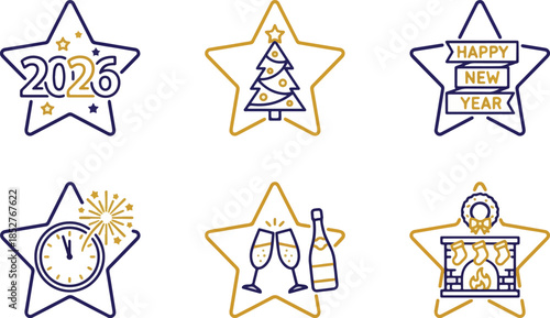 Printnew year, 2026, happy new year, icon, icon set, collection, pack, line art, outline, stroke, dark line, star, stars, decoration, decorating, hanging, ornament, room decor, party, celebration, eve