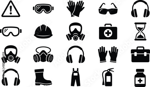 Safety equipment icons collection featuring protective gear, masks, gloves, goggles, helmets, first aid kit, fire extinguisher and medical supplies in bold silhouette design