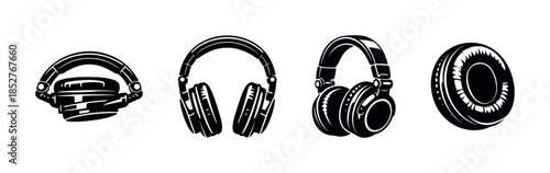 Headphones collection, audio, ear pads, flat vector illustration in black and white