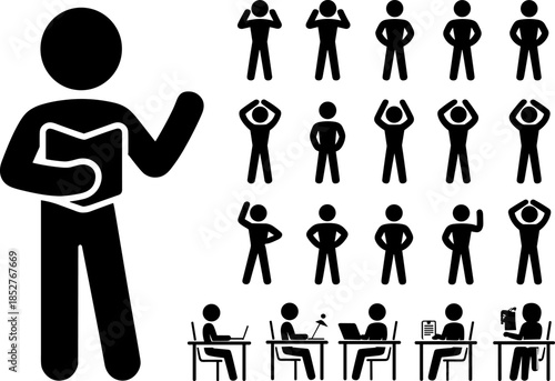 Stick figure icons depicting various students reading books, studying at desks, and showing diverse body language gestures for education.