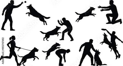 Silhouettes of people playing with dogs, running, jumping, training, fetching and exercising pets, dynamic canine activity collection for vector design projects