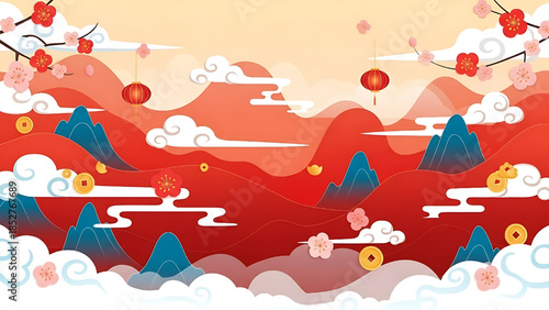 Chinese New Year landscape with mountains, clouds, lanterns, and lucky elements.