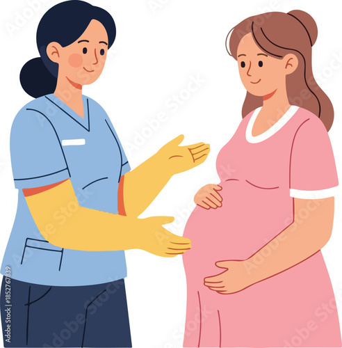A female nurse in blue scrubs talking to a pregnant woman in a pink dress, depicted in a colorful digital illustration with a white background. Perfect for healthcare illustrations,