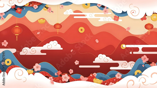 Chinese New Year Background illustration with lanterns, clouds, waves, and festive elements