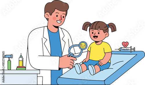 A male doctor examining a young girl on a medical examination table with a reflex hammer, surrounded by healthcare equipment. Perfect for healthcare illustrations, medical presentations,