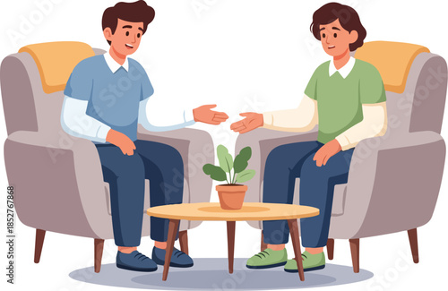 Two people sitting in armchairs, engaged in a conversation, with a coffee table and plant between them, depicted in a colorful digital illustration. Perfect for healthcare illustrations,