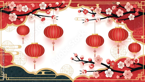 Chinese New Year decorative frame with hanging lanterns and blooming plum blossoms.