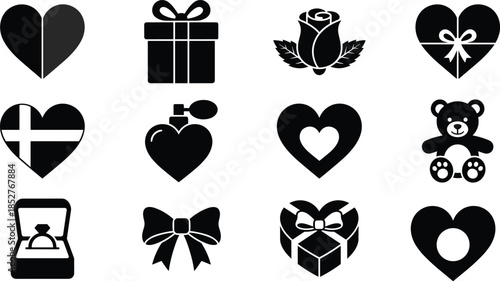 Valentine heart icons collection featuring romantic gifts, roses, bows, teddy bear, perfume bottle, ring box and decorative love symbols for celebration designs