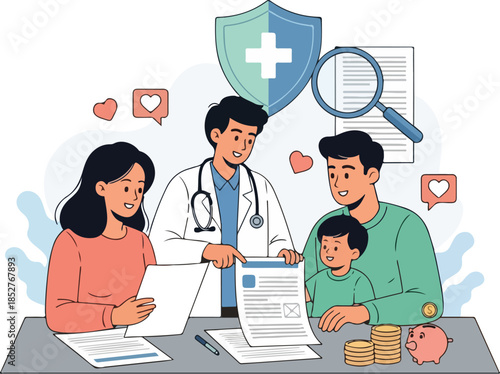 A family discussing healthcare plans with a doctor at a table, surrounded by medical and financial documents, with a shield and magnifying glass in the background. Perfect for healthcare