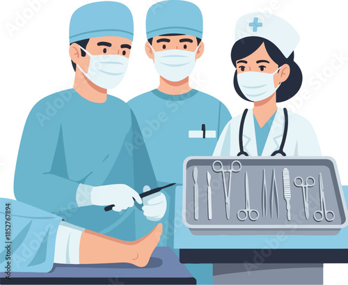 Digital illustration of a surgeon and two medical professionals wearing masks and scrubs, with surgical tools on a tray, set against a white background. Perfect for healthcare