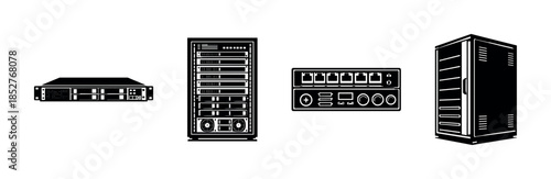 Data servers and networking equipment, flat vector illustration, tech elements