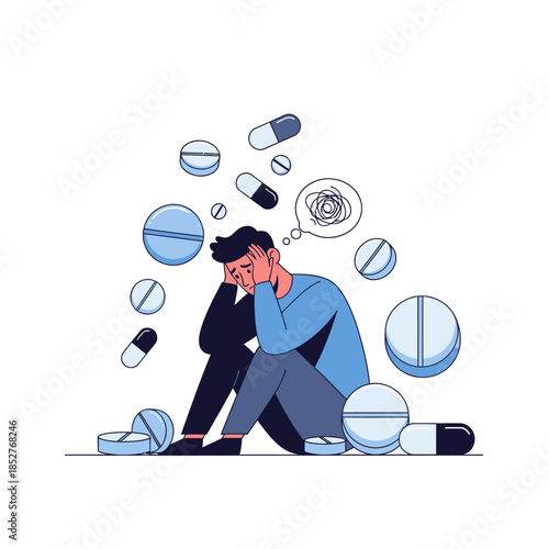 Anxious individual surrounded by pills and capsules symbolizing medication dependence and mental