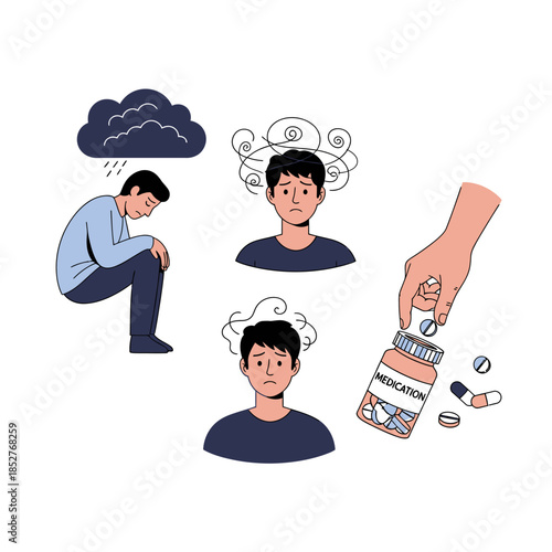Illustration Depicting Mental Health Challenges with Anxiety and Medication Themes