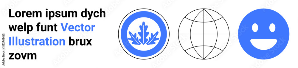 Fototapeta premium Communication, global connectivity, sustainability, social interactions, branding, digital design. Blue icons a globe, happy face and leaf. Communication and global connectivity concepts